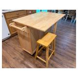Wooden Kitchen Island Cart with Extended Table and Stool