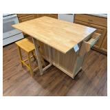 Wooden Kitchen Island Cart with Extended Table and Stool