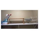 Collection of Home Essentials: Humidifier, Wooden Stand, Dish Rack, and Connected Hanging Wire Baskets