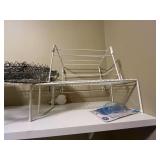 Collection of Home Essentials: Humidifier, Wooden Stand, Dish Rack, and Connected Hanging Wire Baskets