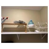 Collection of Home Essentials: Humidifier, Wooden Stand, Dish Rack, and Connected Hanging Wire Baskets