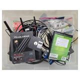 Assorted Box of Electronic Parts, Cables, and Accessories