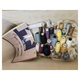 Large Collection of Assorted Sewing Thread and Quilting Guide in Wicker Storage Basket