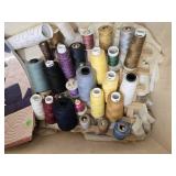 Large Collection of Assorted Sewing Thread and Quilting Guide in Wicker Storage Basket