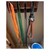 Wooden Shelf, Collection of Household Cleaning and Organizing Supplies (contents unverified) & Pet Leashes