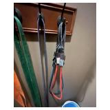 Wooden Shelf, Collection of Household Cleaning and Organizing Supplies (contents unverified) & Pet Leashes