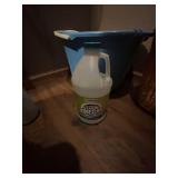 Wooden Shelf, Collection of Household Cleaning and Organizing Supplies (contents unverified) & Pet Leashes