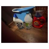 Wooden Shelf, Collection of Household Cleaning and Organizing Supplies (contents unverified) & Pet Leashes