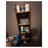 Wooden Shelf, Collection of Household Cleaning and Organizing Supplies (contents unverified) & Pet Leashes
