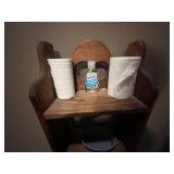 Wooden Shelf, Collection of Household Cleaning and Organizing Supplies (contents unverified) & Pet Leashes