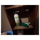 Wooden Shelf, Collection of Household Cleaning and Organizing Supplies (contents unverified) & Pet Leashes