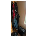 Assorted Clothing and Accessories with Suitcase and Bag and Wooden Coat/Clothes Rack!