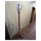 Oak Wooden Coat Rack with Brass Tone Hooks and Porcelain Finials