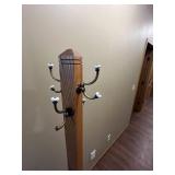 Oak Wooden Coat Rack with Brass Tone Hooks and Porcelain Finials