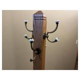 Oak Wooden Coat Rack with Brass Tone Hooks and Porcelain Finials