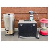 Vintage Coffee Dispenser, Storage Box with Sprayer, and Red Lantern Set