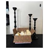Set of Black Candle Holders and Ivory Candles