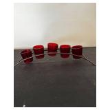 Set of 5 Red Glass Candle Holders with Iron Rack