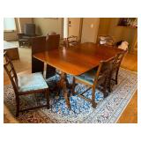 Solid Antique Mahogany Double Pedestal Dining table with Three Leaves and a Set of 6 Vintage Dining Table with 6 Ladder Back Dining Chairs, 5 Side Chairs and 1 Armchair