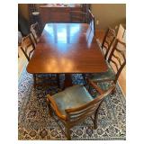 Solid Antique Mahogany Double Pedestal Dining table with Three Leaves and a Set of 6 Vintage Dining Table with 6 Ladder Back Dining Chairs, 5 Side Chairs and 1 Armchair