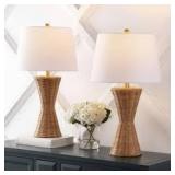 JONATHAN Y Set of 2 27" Laura Coastal Designer Iron/Rattan Wicker Table Lamps