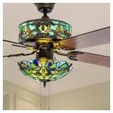River of Goods 52" LED Glass Tiffany Style Stained Magna Carta Lighted Ceiling Fan: 5-Blade Chandelier Fan with Pull Chain
