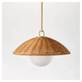 Wicker Dome Pendant with Opal Glass Ball Ceiling Light Brown