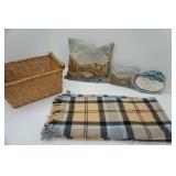 Home Decor: Wicker basket, embroidered pillows, blanket