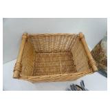 Home Decor: Wicker basket, embroidered pillows, blanket