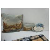 Home Decor: Wicker basket, embroidered pillows, blanket