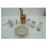 Stoneware Serving Bowl, Jars, Scale, Chopper, Knife Block with 2 Knives and Sharpening steel