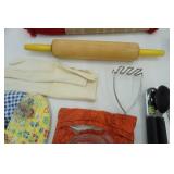 Corelle Lids, Serrated Knife, Wooden Rolling Pin, Placemats, Oven Mitts, Juicer, Can Openers, Potato Masher
