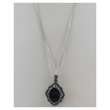 Marcasite & Onyx Sterling Silver Pendant Necklace .