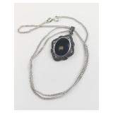 Marcasite & Onyx Sterling Silver Pendant Necklace .