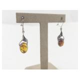 Amber Leafy Sterling Silver Dangle Earrings. ***New Old Stock***