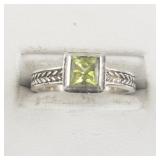 Princess Cut Peridot Bezel Set Sterling Silver Ring. Size 7 - 7.25.
