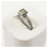 Princess Cut Peridot Bezel Set Sterling Silver Ring. Size 7 - 7.25.
