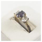 Three Stone Cz & Amethyst Gold Plated ring. Size 8 - 8.25.