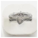 Judith Ripka Dangling Heart Cz Charm Sterling Silver Ring. Size 11 - 11.25.