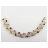 Coro Vintage Pink & Red Rhinestone Accented Base Metal Leaf Link Bracelet .