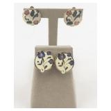 2 pairs of Floral Cloisonné Gold Tone Clip-On Earrings .