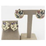 2 pairs of Floral Cloisonné Gold Tone Clip-On Earrings .