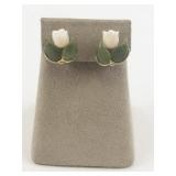 Swaboda  Vintage Green Jade & Pink Salmon Coral Tulip Gold Plated Clip-On Earrings .