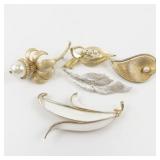 Vintage Leaf & Pearl Style Gold & Silver Tone Base Metal Brooches.