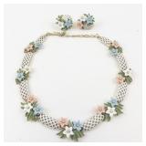 Trifari  White Enamel Lattice Floral Gold Tone Base Metal Necklace & Clip-On Earrings Set.