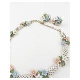 Trifari  White Enamel Lattice Floral Gold Tone Base Metal Necklace & Clip-On Earrings Set.