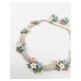 Trifari  White Enamel Lattice Floral Gold Tone Base Metal Necklace & Clip-On Earrings Set.