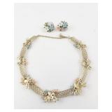 Trifari  White Enamel Lattice Floral Gold Tone Base Metal Necklace & Clip-On Earrings Set.