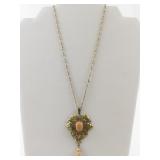 Lacy Art Nouveau Coral Gold Tone Base Metal Pendant Necklace .