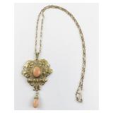 Lacy Art Nouveau Coral Gold Tone Base Metal Pendant Necklace .